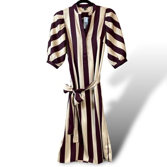 Ann Taylor Dress Womens Sz XP Plum Cream Striped Belted Balloon Sleeve Midi NEW - Picture 1 of 10